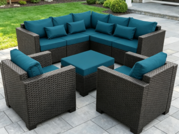 7-Piece Peacock Blue Outdoor Fire Basin Table Set | 60000 BTU Propane Fire Basin | With Non-Slip Cushions + Waterproof Cover