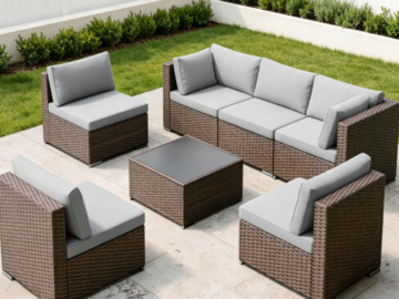 7-Piece Gray PE Rattan Outdoor Sofa Set | With Cushions + Glass Coffee Table | Suitable for Balconies, Porchlands, and Gardens