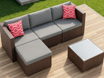 5-Piece Gray Rattan Patio Furniture Set | All-Weather Outdoor Combination Sofa | With Cushions + Glass Table