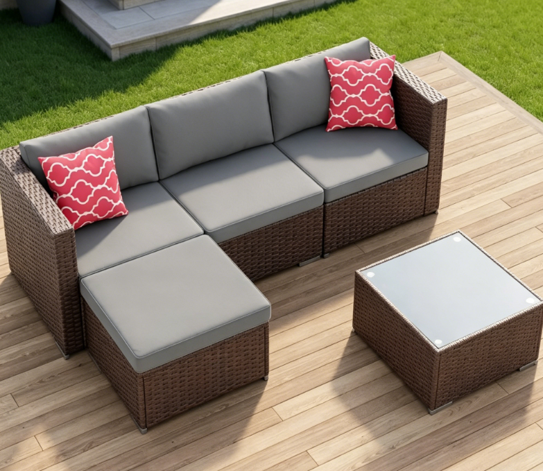 5-Piece Gray Rattan Patio Furniture Set | All-Weather Outdoor Combination Sofa | With Cushions + Glass Table